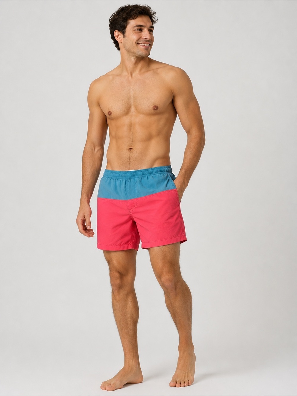 Vintage Sunset High Waisted Color Block Swim Shorts Teal Pink Mesh Lined XL 4042